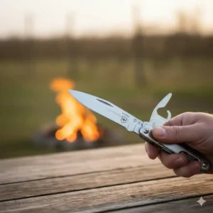 Clear photograph highlighting the main locking knife blade and the secondary saw blade of the durable multi tool with wine opener.