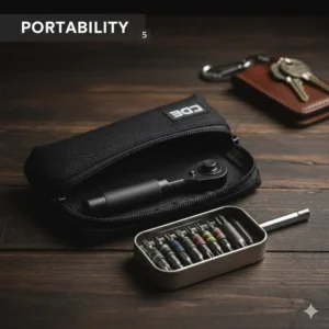 An EDC ratchet tool kit, including various bits and a small extension, packed neatly inside a compact pouch or tin for everyday carry.
