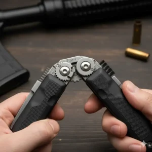 Showing the durable, locking hinge mechanism and ergonomic grip of a top-rated best gun multi tool for safe use.