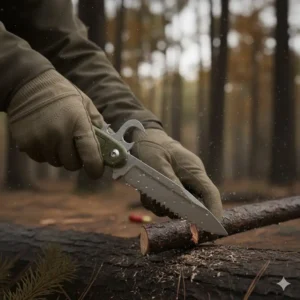 A strong, dedicated saw blade from the best hunting multi tool being used to quickly and cleanly cut through a small tree limb for setting up camp.
