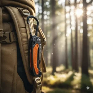"Bushcraft multi tool clipped to a backpack strap with its carabiner, illustrating convenient everyday carry (EDC) for outdoor use."