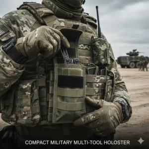 A compact tactical multi-tool secured in a MOLLE-compatible sheath, ready for quick deployment by a soldier.