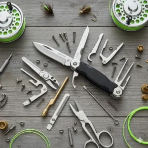 Overhead shot displaying all the functions of the versatile fly fishing multi tool, including the nippers and awl.