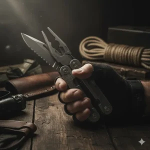 A man's hand holding a large, tactical military multi tool to show its working size and scale.