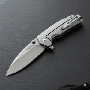 An open titanium folding knife with a high-strength blade, showcasing the comfortable grip and secure lock mechanism crucial for reliable everyday use.