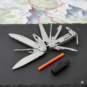 An organized flat lay of a multipurpose tool for a mountaineer with all its components (screwdrivers, can opener, file, etc.) fully extended, showcasing its versatility.