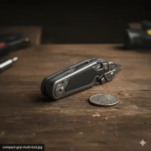 The compact, folded multi tool with a utility blade lying next to a coin to illustrate its small size and portability for EDC (Everyday Carry).