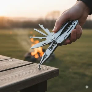 Focus on the heavy-duty pliers and the integrated Phillips and flathead screwdriver tools of the useful multi tool with wine opener.