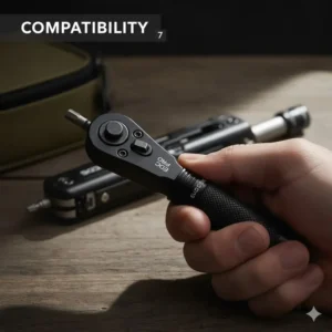 Image showing the EDC ratchet connected to a multi-tool or a standard $1/4$ inch socket, showcasing its versatile compatibility.