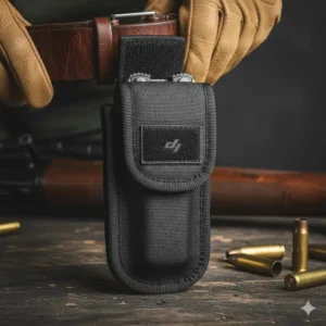 The best gun multi tool stored inside its durable nylon sheath with belt loop, emphasizing portability and protection.