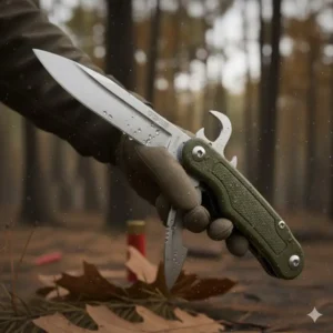 A hunter's hand firmly gripping the best hunting multi tool, highlighting the textured handle for an ergonomic and secure grip in wet conditions.