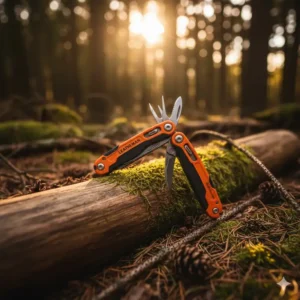 "Bushcraft multi tool laid on a natural wood log surrounded by pine needles, showcasing its outdoor context."