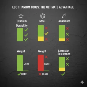 A visual chart comparing the durability, weight, and corrosion resistance of EDC titanium tools against steel or aluminum alternatives.