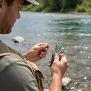 A shot of the fly fishing multi tool being used outdoors by a fisherman next to a clear river to quickly change a fly.