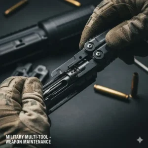 An illustration highlighting the specialized carbon scraper and punch on a multi-tool designed for military weapon field stripping and maintenance.