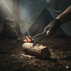An essential military multi tool being used to prep firewood at a rugged campsite for survival.