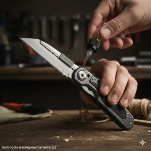 A person applying oil to the pivot point near the multi tool with a utility blade for routine maintenance.