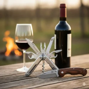 Comparison shot illustrating the compact size of the folded multi tool with wine opener next to a standard smartphone or house key.