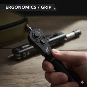A close-up of the EDC ratchet’s textured, ergonomic grip and fine-tooth mechanism, emphasizing comfort and high-precision action for rapid tightening.