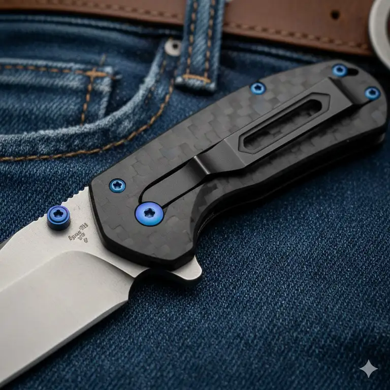 A close-up view of a premium pocket clip securely attached to a stainless steel everyday carry (EDC) knife.
