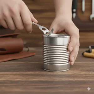 The credit card multi tool being used to open a metal can, demonstrating the reliable can opener feature.