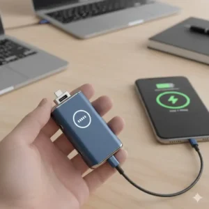 Close-up of a sleek, portable tech keychain that doubles as a miniature emergency power bank for smartphones and small gadgets.