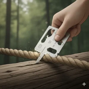 Illustration 1: A close-up showing the sharp cutting blade and saw edge of a stainless steel credit card survival tool.