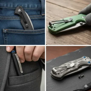 Example of a deep carry pocket clip design, showing the tool sitting low and discreetly in blue jeans.