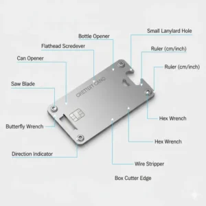 A technical diagram showing all the labeled functions of a credit card size multi tool.