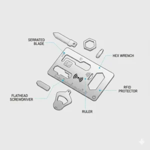 An instructional illustration of a credit card tool kit with labels for the serrated blade, flathead screwdriver, and hex wrench features.
