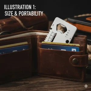 An illustration showing a slim survival card tool being easily tucked into a credit card slot of a leather wallet.