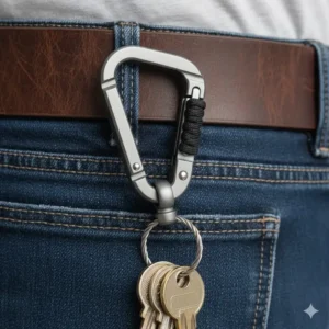 Durable titanium carabiner clip attaching an edc key ring to a belt loop, showing the secure quick-link system.