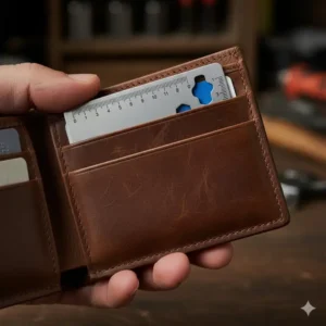 Close-up shot of the credit-card-sized multipurpose tool card fitting perfectly inside a standard leather wallet, demonstrating portability.