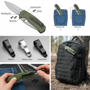 Diagram showing the standard universal knife pocket clip mounting hole pattern and included hardware for DIY knife customization.