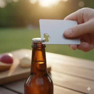Close-up showing the credit card multitool being used as a handy bottle opener, one of its primary functions.