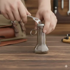 Ergonomic credit card multi tool used as a bottle opener, perfect for camping and easily attached to a keychain.