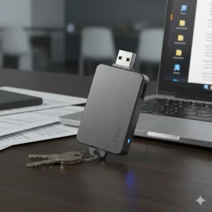 A durable metal tech keychain that securely holds a 128GB flash drive, providing on-the-go data storage for professionals.