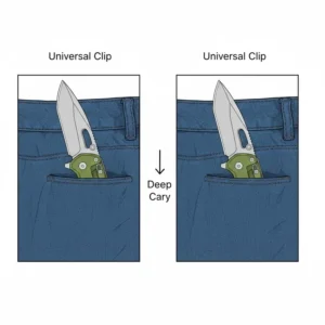 Side-by-side comparison illustrating how a deep-carry universal knife pocket clip allows the knife to sit lower and more discreetly in the user's pocket.