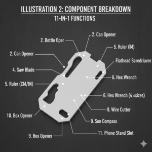A detailed diagram labeling the 11-in-1 functions of a multi-purpose survival card tool including the screwdriver and ruler.