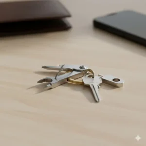 A minimalist edc key ring setup with just a ring, a single key, and a small Pry Bar tool for essential everyday tasks.