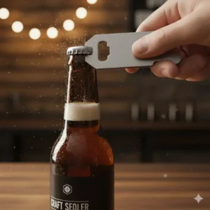 Hand using the corner cutout of the multipurpose tool card to easily open a glass bottle, showing the opener feature in action.