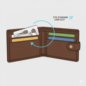Graphic showing a credit card tool kit sliding easily into a standard wallet card slot to demonstrate its ultra-thin dimensions.