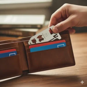 A slim metal survival card being placed inside a credit card slot of a leather wallet.