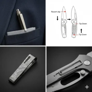 A lightweight and minimalist wire pocket clip on a modern folding knife, highlighting its flexibility.