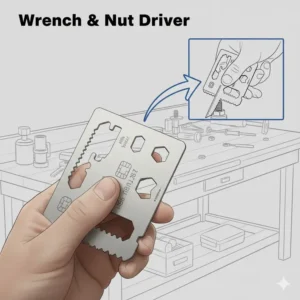 Illustration 2: A detailed view of the different sized wrench and nut driver openings on a credit card survival tool.