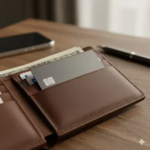 A slim credit card multitool fitting neatly into the credit card slot of a leather wallet, highlighting its extreme portability.