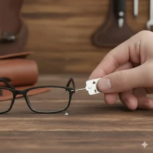 Close-up of the small flathead screwdriver feature on the credit card multi tool, tightening a loose screw on eyeglasses.