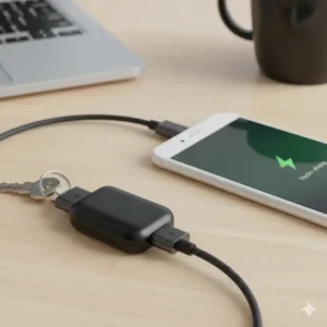 A highly useful retractable charging cable tech keychain accessory designed for both Apple Lightning and USB-C devices.