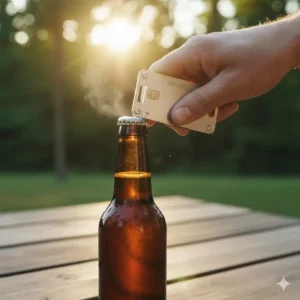 Close up of a person using the bottle opener on their credit card size multi tool.