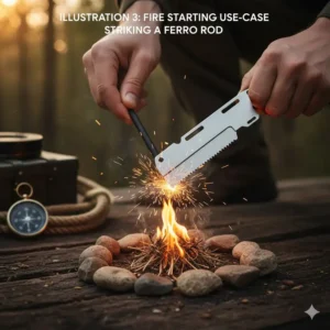 An illustration demonstrating how to use the edge of a survival card tool to strike a ferrocerium rod for fire starting.